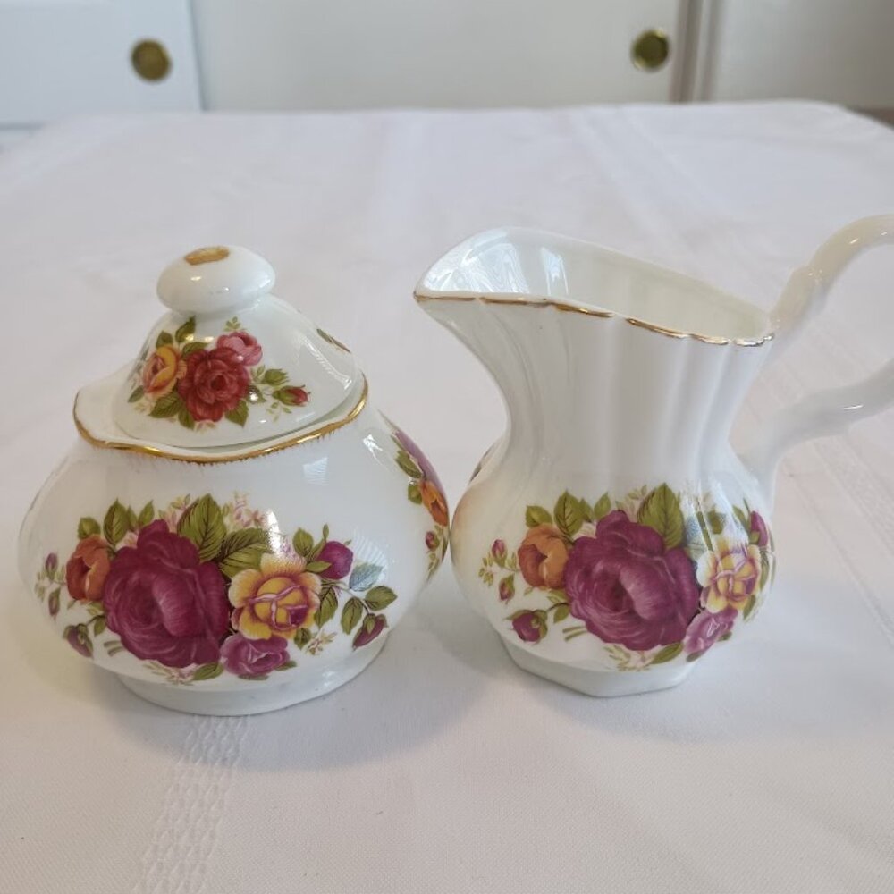 "Cottage Rose" Fine Bone China small Creamer and Sugar with Lid